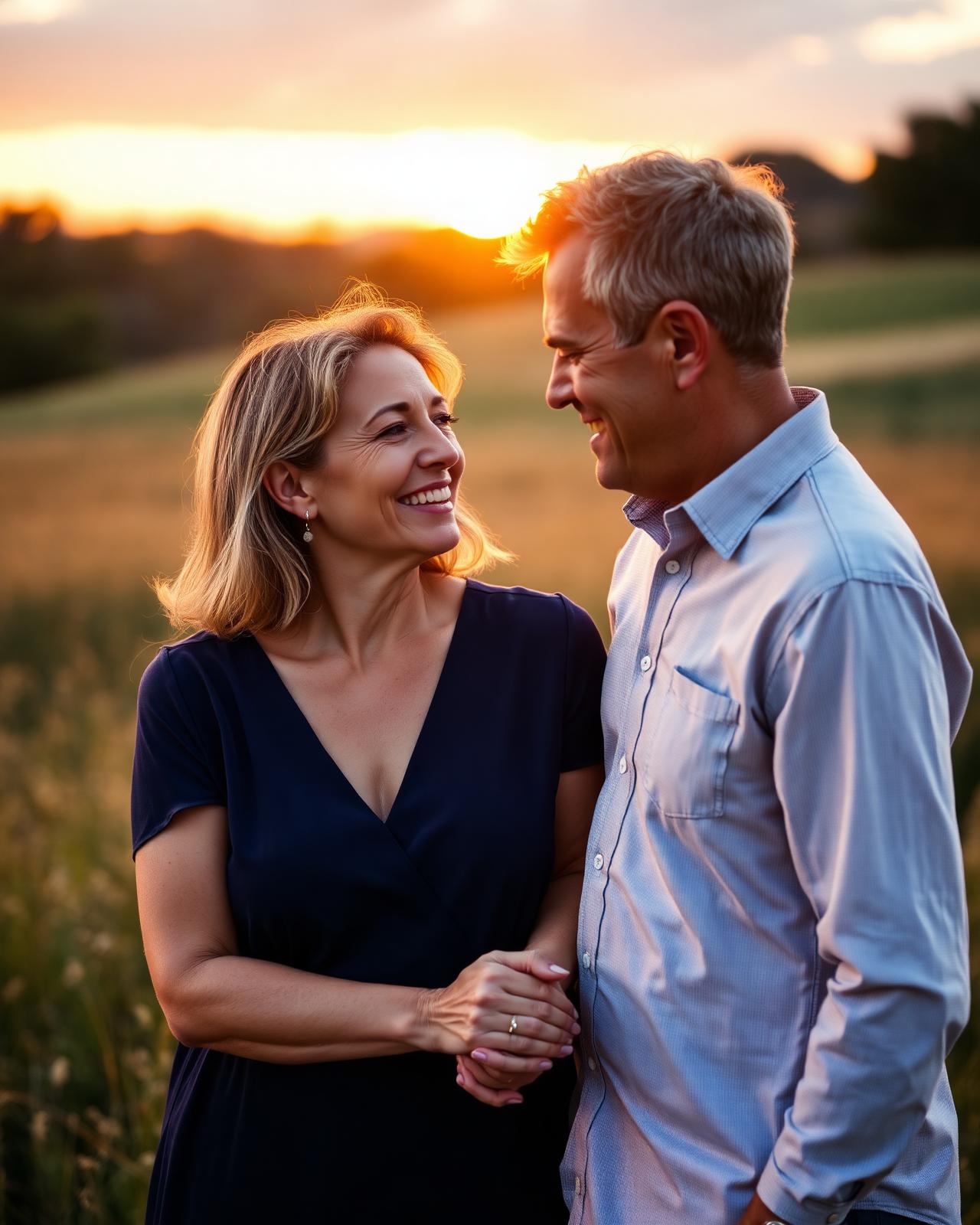 A couple reconnected, smiling at each other at golden hour